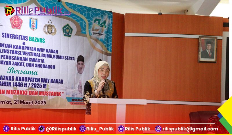 Pelaksana Tugas (Plt) Bupati Way Kanan, Ayu Asalasiyah, S.Ked membuka Acara Pembayaran Zakat Fitrah, Maal, Profesi, Infaq dan Shodaqoh Bersama BAZNAS Kabupaten Way Kanan di Ruang Buway Pemuka Pengiran Tuha, Jum’at (21/03/2025).